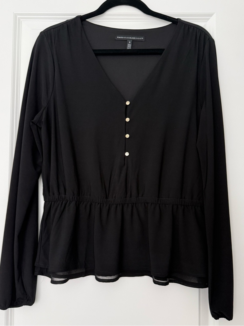 White House Black Market Black V-Neck Peplum Blouse with Front Buttons